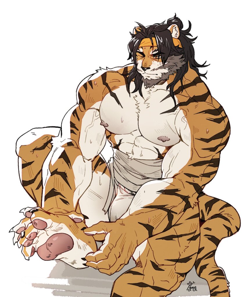 1boy ;| abs animal_ears arknights bara beard brown_hair bulge chest_hair claws covered_abs facial_hair fundoshi furry furry_male goatee headband highres huai_tianpei_(arknights) japanese_clothes large_pectorals male_focus male_underwear mature_male muscular muscular_male nipples one_eye_closed pawpads pectoral_cleavage pectorals ppyong sarashi signature simple_background sitting solo sweat tail thick_eyebrows thick_thighs thighs tiger_boy tiger_stripes tiger_tail topless_male underwear undone_sarashi veins veiny_arms white_background yellow_headband