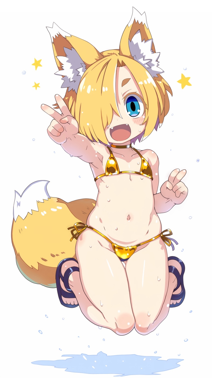 1girl animal_ear_fluff animal_ears armpits bikini blue_eyes blue_sandals blush blush_stickers double_v fangs flat_chest fox_ears fox_girl fox_tail full_body gluteal_fold gold_bikini hair_over_one_eye highres jumping looking_at_viewer micro_bikini navel open_mouth original sandals simple_background smile solo stomach swimsuit tail toes tsukinoha_mio v wet white_background