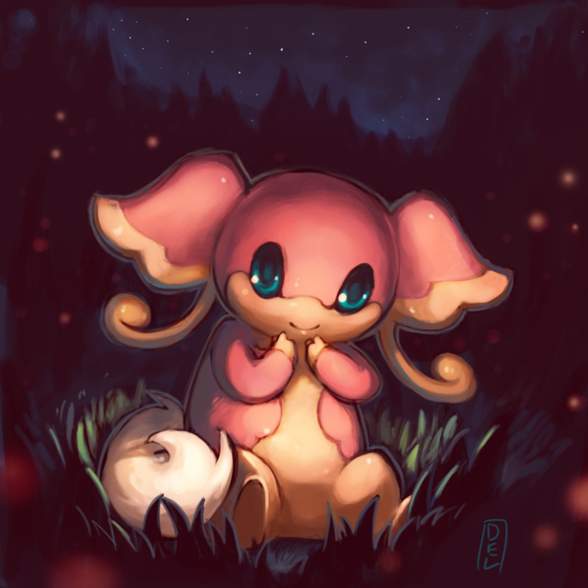 audino blue_eyes closed_mouth commentary creature delano-laramie english_commentary forest full_body gen_5_pokemon grass looking_at_viewer nature night night_sky nintendo no_humans outdoors pokemon pokemon_(creature) signature sitting sky smile solo star_(sky) starry_sky tree