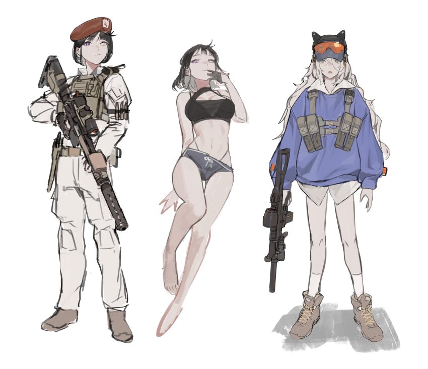 3girls absurdres ammunition_pouch assault_rifle baseball_cap beret black_hair boots bra bullet bulletproof_vest eyewear_on_head fingerless_gloves gloves green_eyes gun handgun hat heterochromia highres hood hoodie long_hair looking_at_viewer military_uniform multiple_girls optical_sight original panties pdman2 pouch purple_eyes rifle safety_glasses scope see-through_clothes short_hair single_glove smile sniper_rifle socks sunglasses tank_top trigger_discipline underwear weapon white_background white_hair white_socks