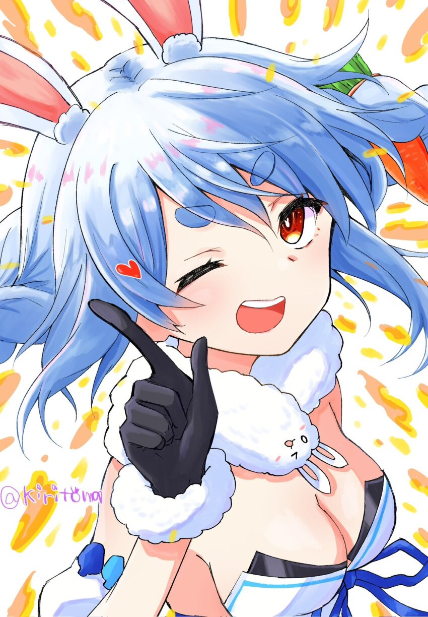 1girl ;d animal_ear_fluff animal_ears black_gloves black_leotard blue_hair blue_ribbon braid brown_eyes carrot_hair_ornament commentary_request detached_sleeves don-chan_(usada_pekora) dress food-themed_hair_ornament fur-trimmed_gloves fur_trim gloves hair_between_eyes hair_ornament hand_up heart highres hololive index_finger_raised kiritoma leotard long_hair looking_at_viewer one_eye_closed open_mouth puffy_short_sleeves puffy_sleeves rabbit-shaped_pupils rabbit_ears ribbon short_eyebrows short_sleeves sidelocks smile solo strapless strapless_dress strapless_leotard symbol-shaped_pupils thick_eyebrows twin_braids twintails twitter_username upper_body usada_pekora usada_pekora_(1st_costume) virtual_youtuber white_background white_dress white_sleeves