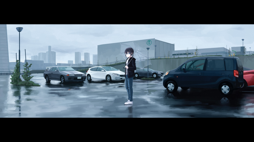 1girl absurdres black_hair black_jacket blue_eyes blue_pants building car city cityscape cloud cloudy_sky commentary_request denim full_body glasses grey_sky hair_between_eyes highres holding holding_umbrella jacket jeans lamppost letterboxed looking_at_viewer motor_vehicle nissan_skyline nissan_skyline_r32 open_clothes open_jacket original outdoors pants parking_lot rain reflection rudeko32 scenery shirt short_hair sky skyscraper tokyo_(city) umbrella vehicle_focus white_shirt wide_shot