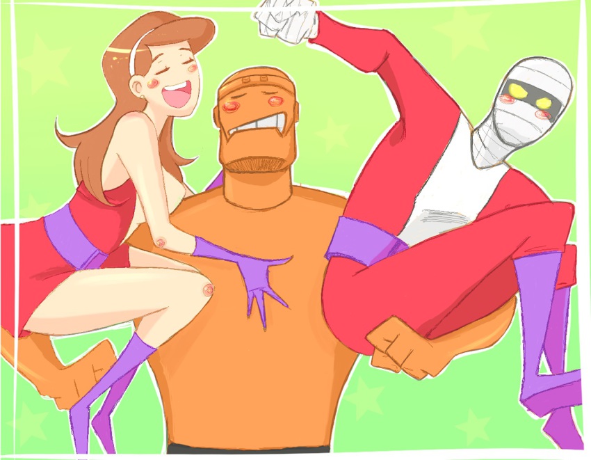 1girl 2boys bandages belt blush blush_stickers bodysuit boots brown_hair carrying cliff_steele cyborg dc_comics doom_patrol dress earrings elastigirl elastigirl_(dc) gloves hairband jewelry multiple_boys negative_man open_mouth purple_footwear red_dress rita_farr shoes simple_background smile