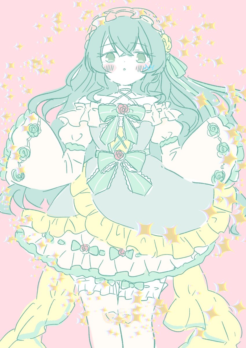 1girl arms_up artist_name assault_lily bare_shoulders blush bow choker commentary_request criss-cross_halter crossed_bangs detached_sleeves dress dress_bow floral_print flower frilled_hairband frilled_sleeves frilled_thighhighs frills fumi_(fumifumi3axl) green_bow green_eyes green_hair green_ribbon grey_dress hair_flower hair_ornament hair_ribbon hairband halter_dress halterneck highres lolita_fashion lolita_hairband long_hair long_sleeves looking_at_viewer no_pupils off-shoulder_dress off_shoulder official_alternate_costume official_alternate_hairstyle parted_lips pink_background pink_hairband print_sleeves red_flower red_rose ribbon rose simple_background solo sparkle standing striped_bow thighhighs toki_kureha two-tone_dress very_long_hair wavy_hair white_choker white_dress white_thighhighs wide_sleeves yellow_dress yellow_flower