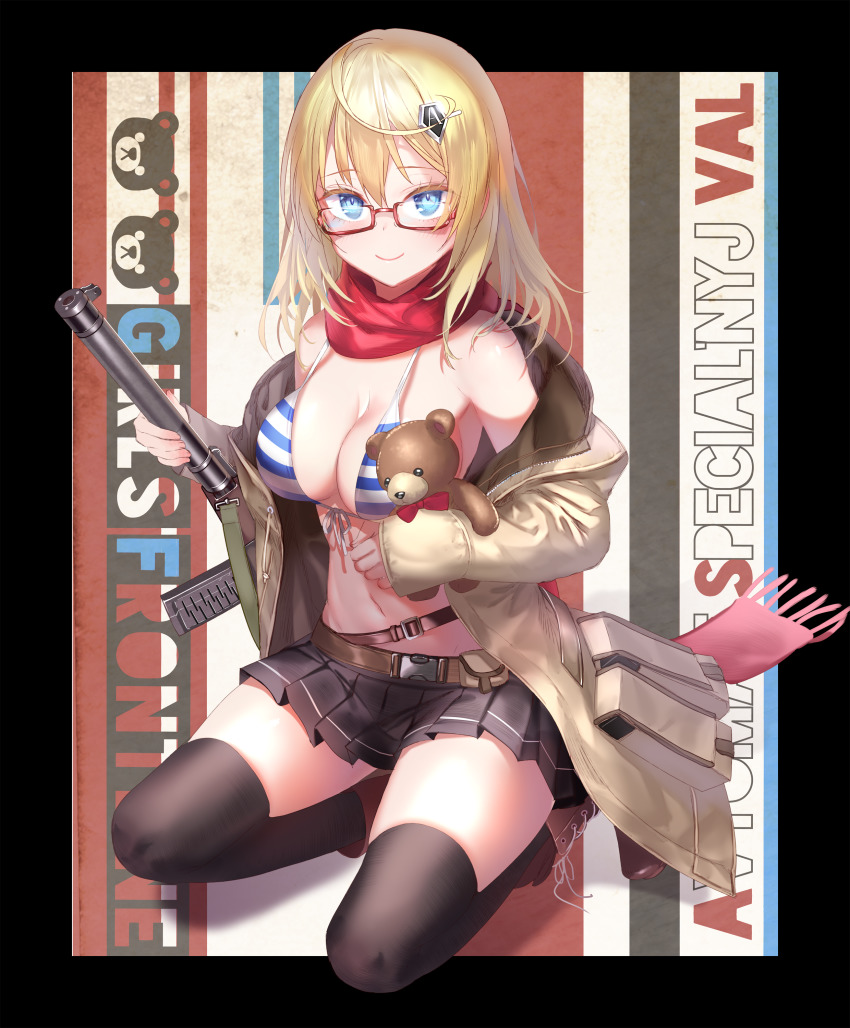 1girl absurdres as_val as_val_(girls&#039;_frontline) assault_rifle belt bikini bikini_top_only bikini_under_clothes black_skirt black_thighhighs blonde_hair blue_eyes blush boots bow breasts brown_boots brown_jacket character_name cleavage copyright_name eyelashes girls&#039;_frontline glasses gun hair_ornament highres holding holding_gun holding_stuffed_toy holding_weapon integral_suppressor integrally-suppressed_firearm jacket kalashnikov_rifle long_hair long_sleeves medium_breasts navel off_shoulder pleated_skirt pocket pottsness pouch rectangular_eyewear red-framed_eyewear red_scarf rifle scarf silver_hair skirt smile solo squatting striped_bikini striped_clothes stuffed_animal stuffed_toy suppressor swimsuit teddy_bear thighhighs toz_(tulsky_oruzheiny_zavod) tsniitochmash tula_arms_plant weapon