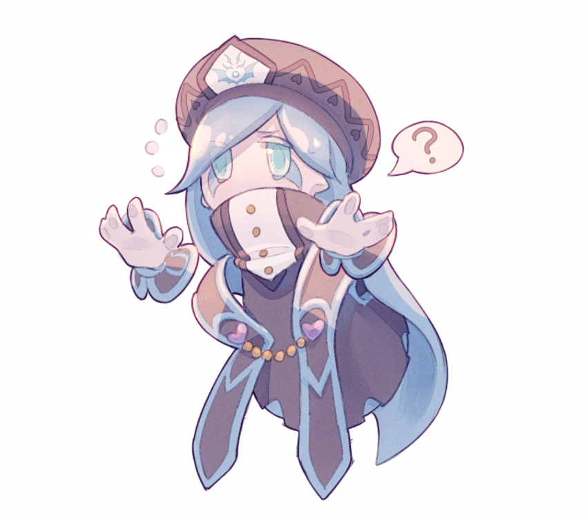 1girl ? beret black_hat black_robe black_wrist_cuffs blue_dress blue_eyes blue_hair blue_trim buttons chinese_commentary commentary_request confused covered_mouth disembodied_hand dress eyes_visible_through_hair flying_sweatdrops francisca_(kirby) full_body furrowed_brow gloves hat heart heart_print kirby_star_allies kirby_(series) long_hair marking_on_cheek nintendo outstretched_hand pale_skin robe simple_background solo somayumi spoken_question_mark straight_hair turtleneck very_long_hair white_background white_gloves wrist_cuffs