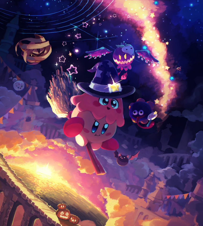 absurdres bandages bridge broom broom_riding candy castle character_request cloud cloudy_sky doomer_(kirby) flag flying food gooey_(kirby) happy hat highres kirby kirby_(series) lollipop monster night night_sky nintendo open_mouth outdoors pumpkin scenery sky smile sphere_doomer star_(sky) star_(symbol) starry_sky sunset suyasuyabi tongue tongue_out void_termina void_termina_(angel_form) witch_hat