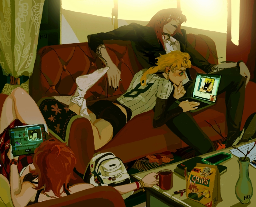 1girl 2boys anger_vein aqua_eyes backpack bag battle_tendency black_lips black_nails blonde_hair brooch bruno_bucciarati candy chinese_commentary chocolate clenched_teeth collar commentary_request computer couch cup curtains diavolo dio_brando earrings food formal_clothes frown giorno_giovanna handheld_game_console highres jean_pierre_polnareff jewelry jojo_no_kimyou_na_bouken joseph_joestar joseph_joestar_(young) kakyoin_noriaki laptop lying mug multiple_boys nail_polish nintendo_switch nintendo_switch_lite on_stomach paper pink_hair short_hair short_shorts shorts sitting sleeping socks stardust_crusaders stud_earrings suit table tablet_pc tattoo teeth trish_una vase vento_aureo watch window wristband wristwatch xubeichaoyansuan