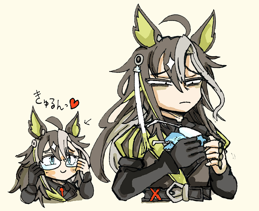 1girl ahoge animal_ears before_and_after belt blue-tinted_eyewear blue_eyes brown_hair cleaning_eyewear colored_inner_hair commentary_request dream_journey_(umamusume) ear_covers glasses gloves holding holding_removed_eyewear horse_ears horse_girl morisshii_(morishiey) multicolored_hair puffy_sleeves single_ear_cover single_glove single_hair_intake sound_effects sound_effects_only squinting tinted_eyewear translation_request umamusume unworn_eyewear upper_body white_hair