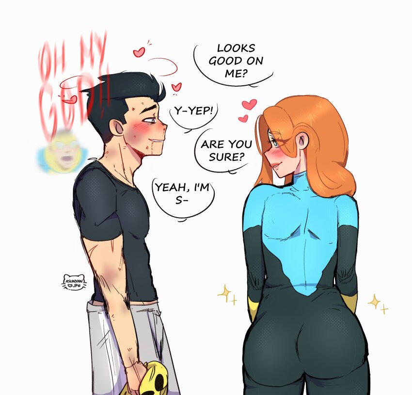 1boy 1girl alternate_costume artist_name ass asunyanjpg atom_eve back blood blush bruise from_behind heart highres huge_ass injury invincible_(series) mark_grayson nosebleed orange_hair sparkle speech_bubble tagme tight_clothes
