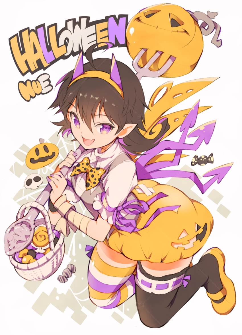 1girl :d absurdres ahoge alternate_costume asymmetrical_legwear asymmetrical_wings bandaged_arm bandages basket black_hair bow bowtie breasts candy character_name clothing_cutout collared_shirt commentary_request english_text fake_horns fang food full_body grey_vest hairband halloween highres holding holding_polearm holding_weapon horn_hairband horns houjuu_nue ichizen_(o_tori) kneeling looking_at_viewer mary_janes multicolored_hair open_mouth orange_shoes orange_skirt orange_wings pointy_ears polearm polka_dot polka_dot_bow puffy_short_sleeves puffy_sleeves pumpkin pumpkin_skirt purple_eyes purple_nails purple_ribbon purple_streaks purple_wings ribbon ribbon-trimmed_thighhighs ribbon_trim shirt shoes short_hair short_sleeves skirt skull small_breasts smile solo streaked_hair striped_clothes striped_thighhighs thighhighs touhou trident vest weapon white_background wings yellow_bow yellow_bowtie