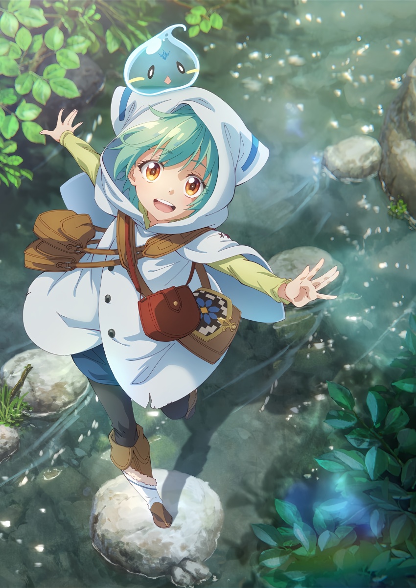 :d \o/ absurdres aqua_hair arms_up bag balancing black_pants cape diamond_mouth highres ivy_(saijaku_tamer) leg_up looking_at_viewer nature official_art open_mouth outdoors outstretched_arms pants saijaku_tamer_wa_gomi_hiroi_no_tabi_wo_hajimemashita shoulder_bag smile sora_(saijaku_tamer) source_request spread_arms standing_on_rock teeth upper_teeth_only water_stream white_cape white_hood yellow_sleeves
