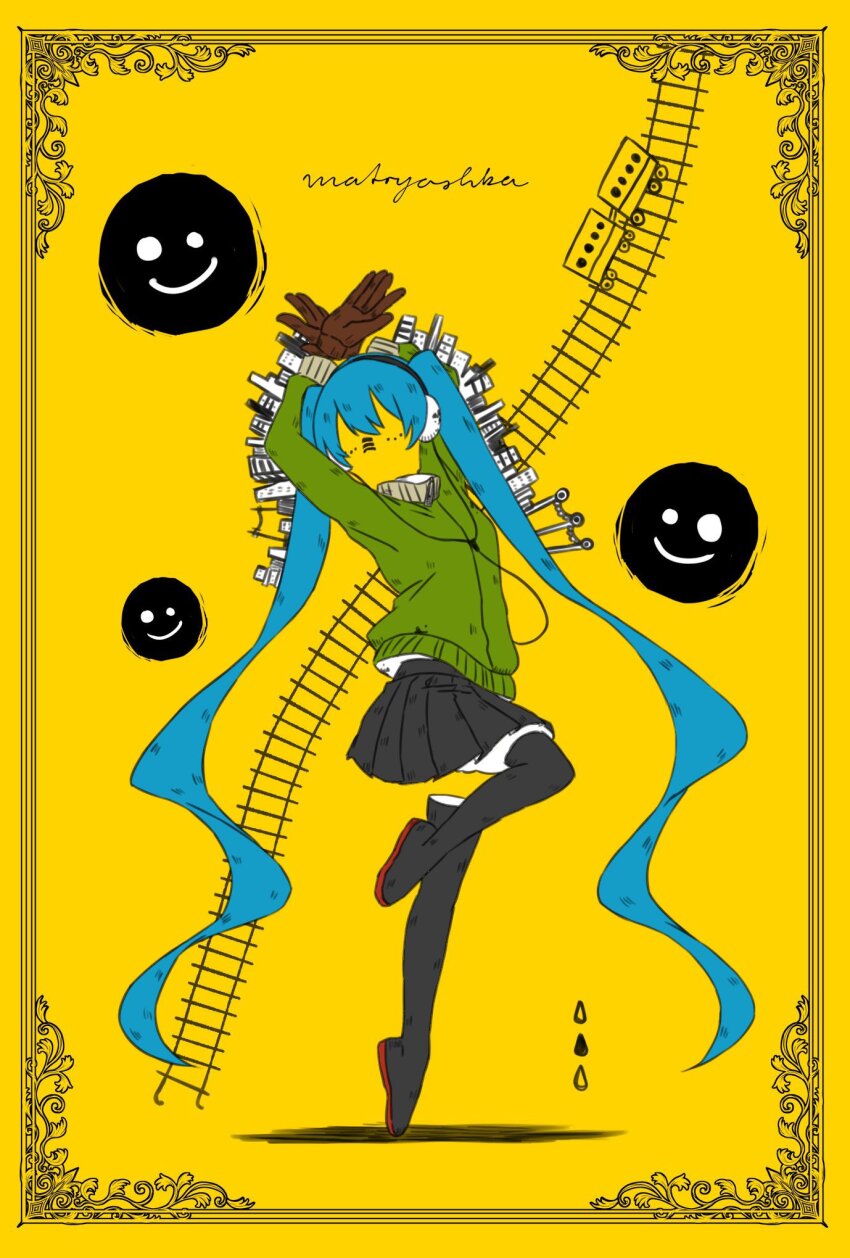 1girl arms_up black_boots black_skirt blue_hair boots border brown_gloves collared_jacket commentary facial_mark gloves green_jacket hair_between_eyes hatsune_miku headphones highres jacket kuiruri long_hair long_sleeves matryoshka_(vocaloid) miniskirt ornate_border pleated_skirt railroad_tracks shadow skirt smiley_face solo song_name standing standing_on_one_leg thigh_boots tiptoes track_jacket very_long_hair vocaloid yellow_background