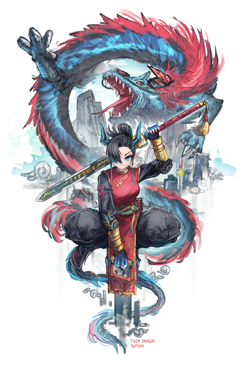 1girl absurdres artist_name black_hair black_pants black_shirt blue_eyes blue_horns claws closed_mouth commentary dragon franlol full_body hair_over_one_eye highres holding holding_scroll holding_sword holding_weapon horns looking_at_viewer original pants pointy_ears red_tabard scroll shirt short_hair solo squatting sword tabard weapon white_background