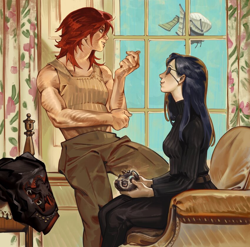 2girls 4a4k4a aircraft airship arcane:_league_of_legends arcane_caitlyn arcane_vi armchair caitlyn_(league_of_legends) chair curtains derivative_work eyepatch fine_art_parody highres jacket league_of_legends multiple_girls muscular muscular_female parody red_hair smile sweater tank_top turtleneck turtleneck_sweater unworn_jacket vi_(league_of_legends) window