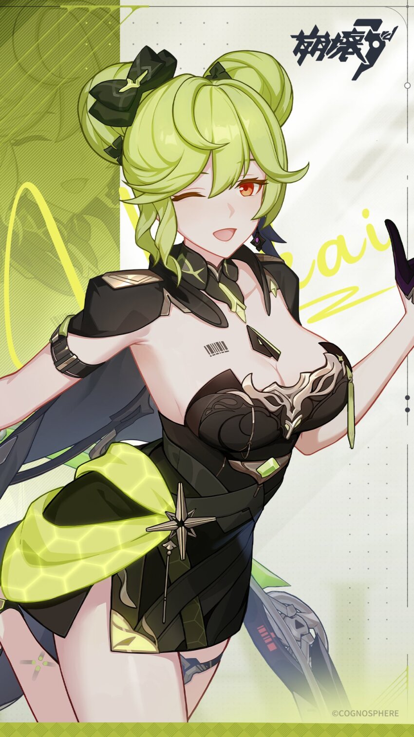 1girl ai_hyperion_lambda ai_hyperion_lambda_(guiding_star) arm_belt barcode barcode_tattoo belt black_belt black_dress black_gloves breasts cleavage copyright_name copyright_notice double_bun dress gloves green_hair hair_bun highres honkai_(series) honkai_impact_3rd jewelry large_breasts leg_tattoo looking_at_viewer medium_hair official_alternate_costume official_alternate_hairstyle official_art one_eye_closed open_mouth orange_eyes side_slit smile solo star_tattoo tattoo thighlet twintails zoom_layer