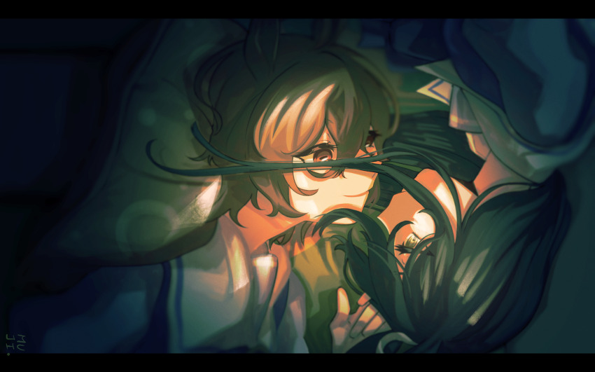 2girls absurdres agnes_tachyon_(umamusume) ahoge brown_hair collared_shirt expressionless hair_between_eyes highres long_bangs looking_at_another lying manhattan_cafe_(umamusume) mujintou_png multiple_girls on_side pillow purple_shirt red_eyes sailor_collar school_uniform shirt short_hair smile tracen_school_uniform umamusume white_sailor_collar yellow_eyes yuri