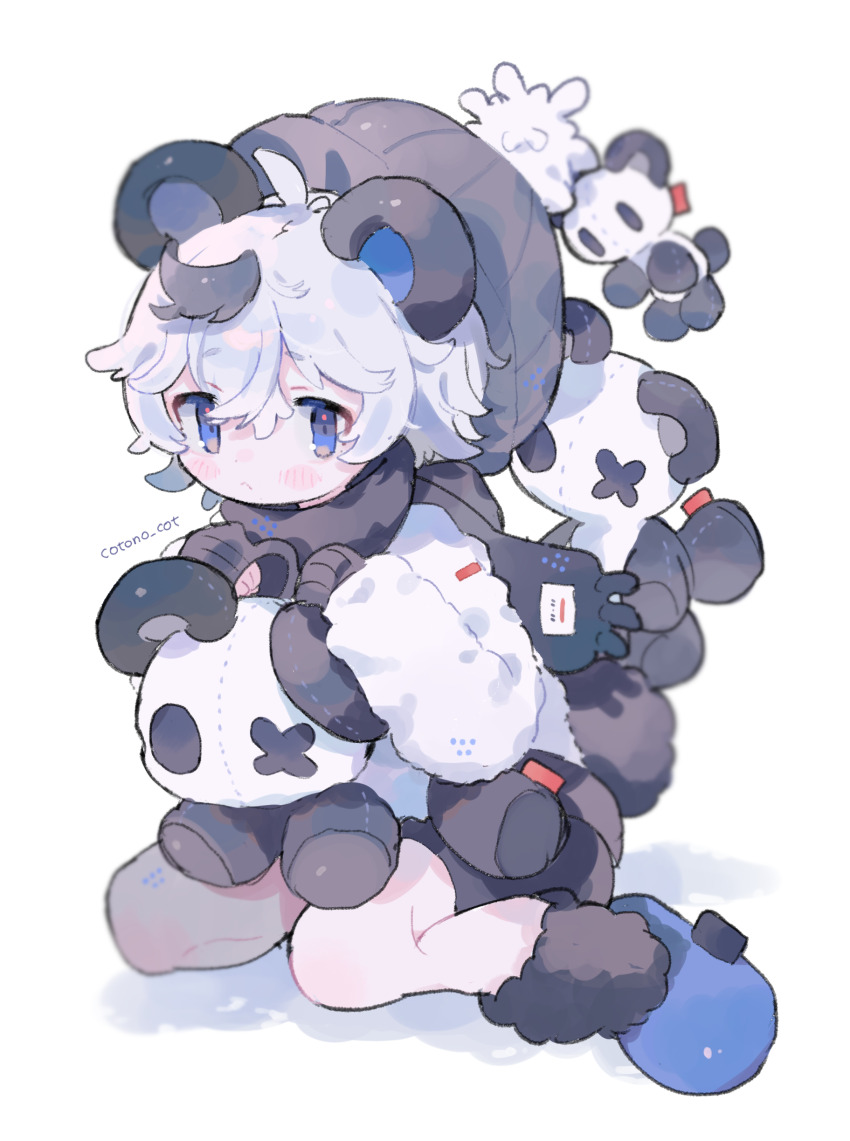 1girl :&lt; absurdres animal_ears beanie black_hair black_hat black_shorts black_socks blue_shoes blush_stickers closed_mouth commentary cotono_(nazekun) full_body fur_socks hat highres jacket long_sleeves multicolored_hair original panda_ears panda_girl panda_tail pom_pom_(clothes) ribbed_hat shoes short_hair shorts sitting sleeves_past_wrists socks solo streaked_hair stuffed_animal stuffed_panda stuffed_toy two-tone_hair wariza white_hair white_jacket