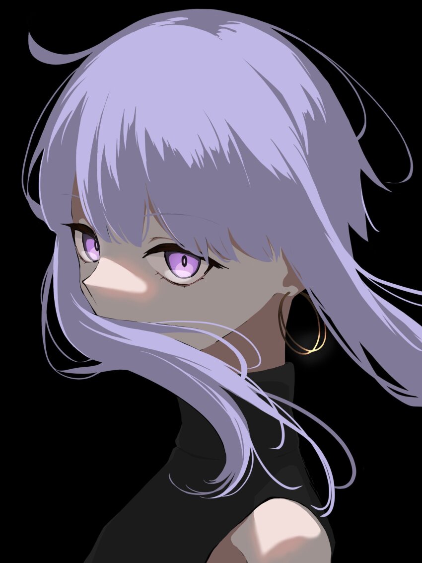 1girl bare_shoulders black_background black_dress breasts commentary covered_mouth dress earrings floating_hair from_side glowing glowing_eyes high_collar highres hoop_earrings jewelry looking_at_viewer looking_to_the_side medium_breasts purple_eyes purple_hair romaji_commentary sabiwo short_hair_with_long_locks sidelocks simple_background sleeveless solo upper_body vocaloid voiceroid yuzuki_yukari