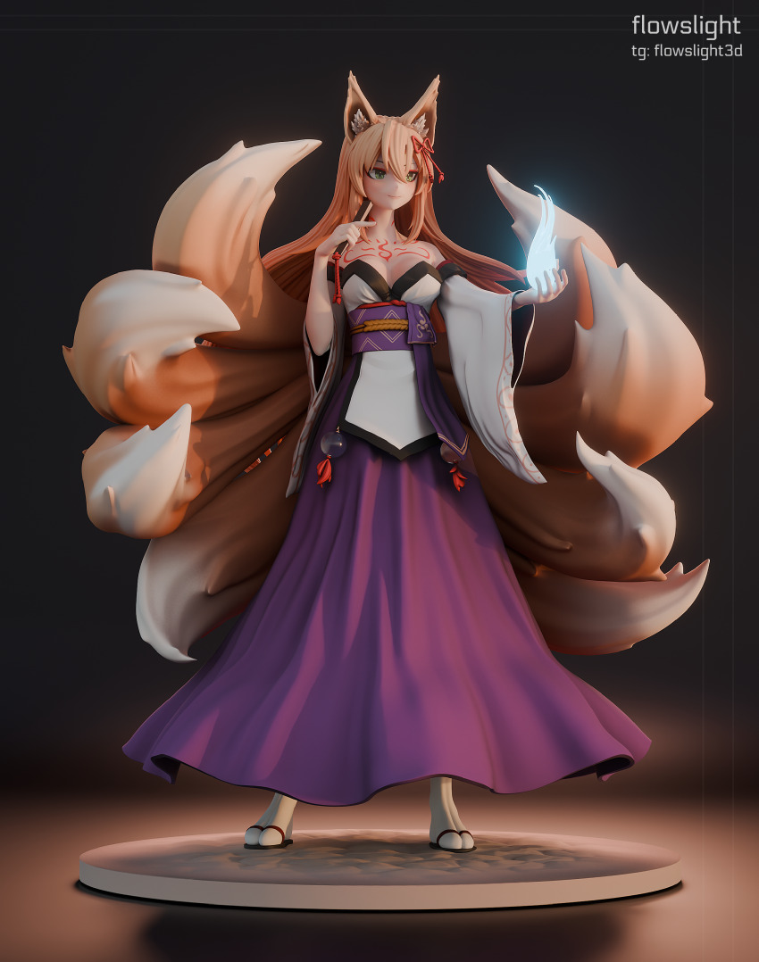 1girl 3d absurdres aged_up animal_ear_fluff animal_ears artist_name bare_shoulders blonde_hair blue_fire breasts chest_tattoo cleavage closed_mouth collarbone eyeshadow figure figure_(medium) fire folding_fan fox_ears fox_girl fox_tail full_body glowing green_eyes hair_between_eyes hair_ornament hair_ribbon hakama hakama_skirt hand_fan highres hitodama japanese_clothes kimono kitsune long_hair long_sleeves looking_ahead magic makeup medium_breasts mon-musu_quest! monster_girl multiple_tails neck_tattoo non-web_source photo_(medium) purple_hakama red_eyeshadow red_ribbon ribbon sandals skirt smile socks solo standing tail tamamo_(mon-musu_quest!) tamamo_(true_form)_(mon-musu_quest!) tattoo tomoe_(symbol) white_kimono white_socks wide_sleeves