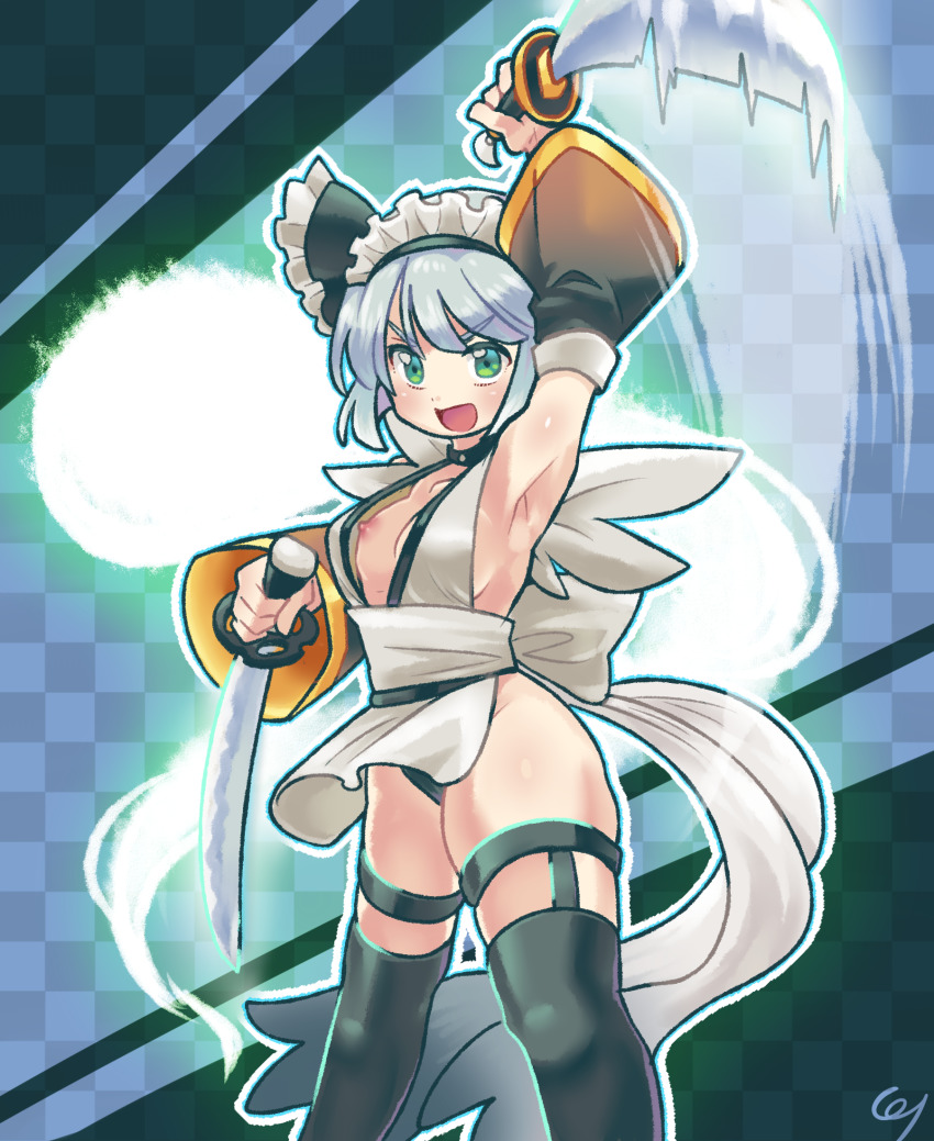 1girl armpits arms_up black_thighhighs breasts choker commission commissioner_upload cosplay detached_sleeves green_eyes grey_hair highres holding holding_sword holding_weapon iroha_(samurai_spirits)_(cosplay) katana konpaku_youmu konpaku_youmu_(ghost) maid maid_headdress maid_leotard medium_breasts multiple_swords nipple_slip nipples open_mouth pmx samurai_spirits short_hair skeb_commission slashing solo standing sword thighhighs touhou unconventional_maid weapon