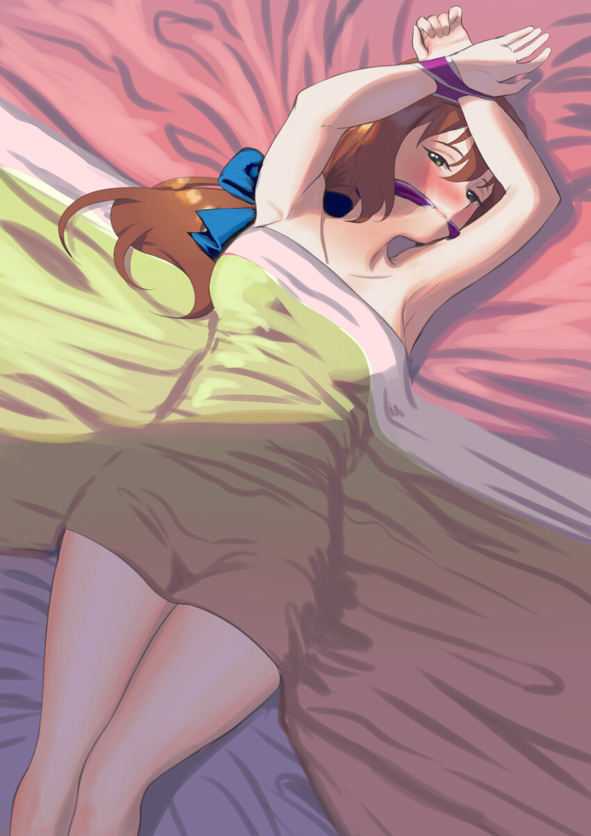 1girl absurdres bdsm bed_sheet blue_bow blush bondage bound bound_arms bound_wrists bow brown_hair cailin020 cleave_gag cloth_gag commission eiyuu_densetsu gag gagged green_eyes hair_bow highres improvised_gag looking_at_viewer low_ponytail naked_sheet on_bed ponytail restrained ribbon ribbon_bondage sen_no_kiseki_(series) solo towa_herschel under_covers