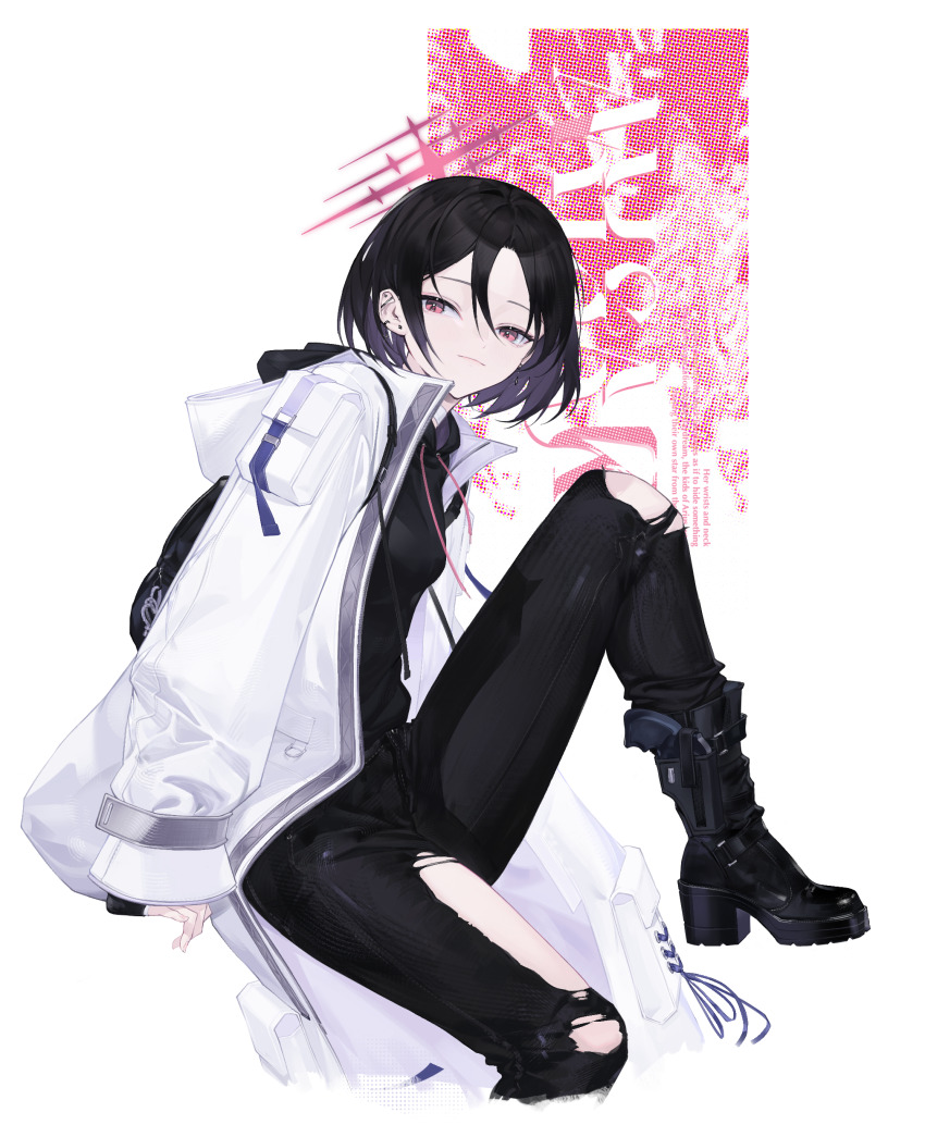 14yuruis 1girl absurdres bag black_bag black_boots black_hair black_hoodie black_mask black_pants blue_archive boots closed_mouth ear_piercing hair_between_eyes high_heel_boots high_heels highres holding holding_bag hood hoodie jacket looking_at_viewer misaki_(blue_archive) pants piercing pink_eyes short_hair smile solo torn_clothes torn_pants white_jacket