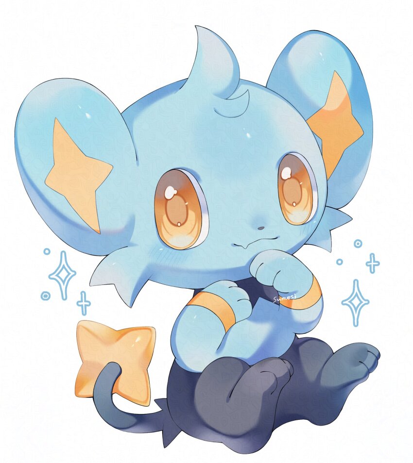 black_fur blue_fur closed_mouth commentary dot_nose fang full_body gen_4_pokemon highres iwasi_29 looking_to_the_side nintendo paw_up pokemon pokemon_(creature) shinx sideways_glance simple_background sitting sparkle symbol-only_commentary white_background yellow_eyes