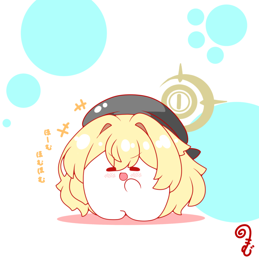 +++ :d beret blonde_hair blue_archive blush chibi closed_eyes colored_shadow full_body grey_hat hair_between_eyes hair_intakes halo hand_up hat highres kurukurumagical long_hair open_mouth professor_niyaniya_(blue_archive) shadow smile solo standing translation_request very_long_hair white_background