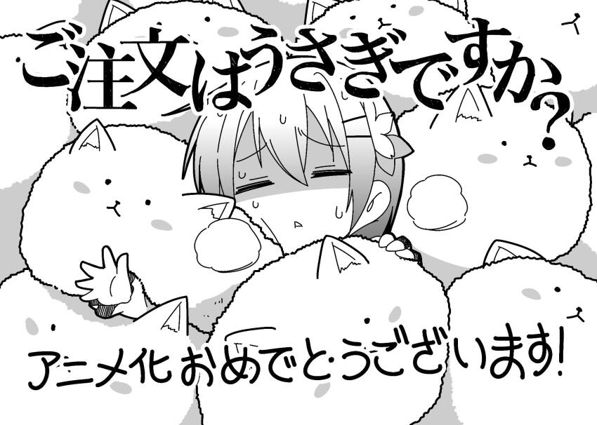 1girl =_= copyright_name flower furrowed_brow gochuumon_wa_usagi_desu_ka? greyscale hair_flower hair_ornament highres hoto_cocoa medium_hair monochrome rabbit rodney_(melagal) shaded_face tippy_(gochiusa) too_many too_many_rabbits triangle_mouth