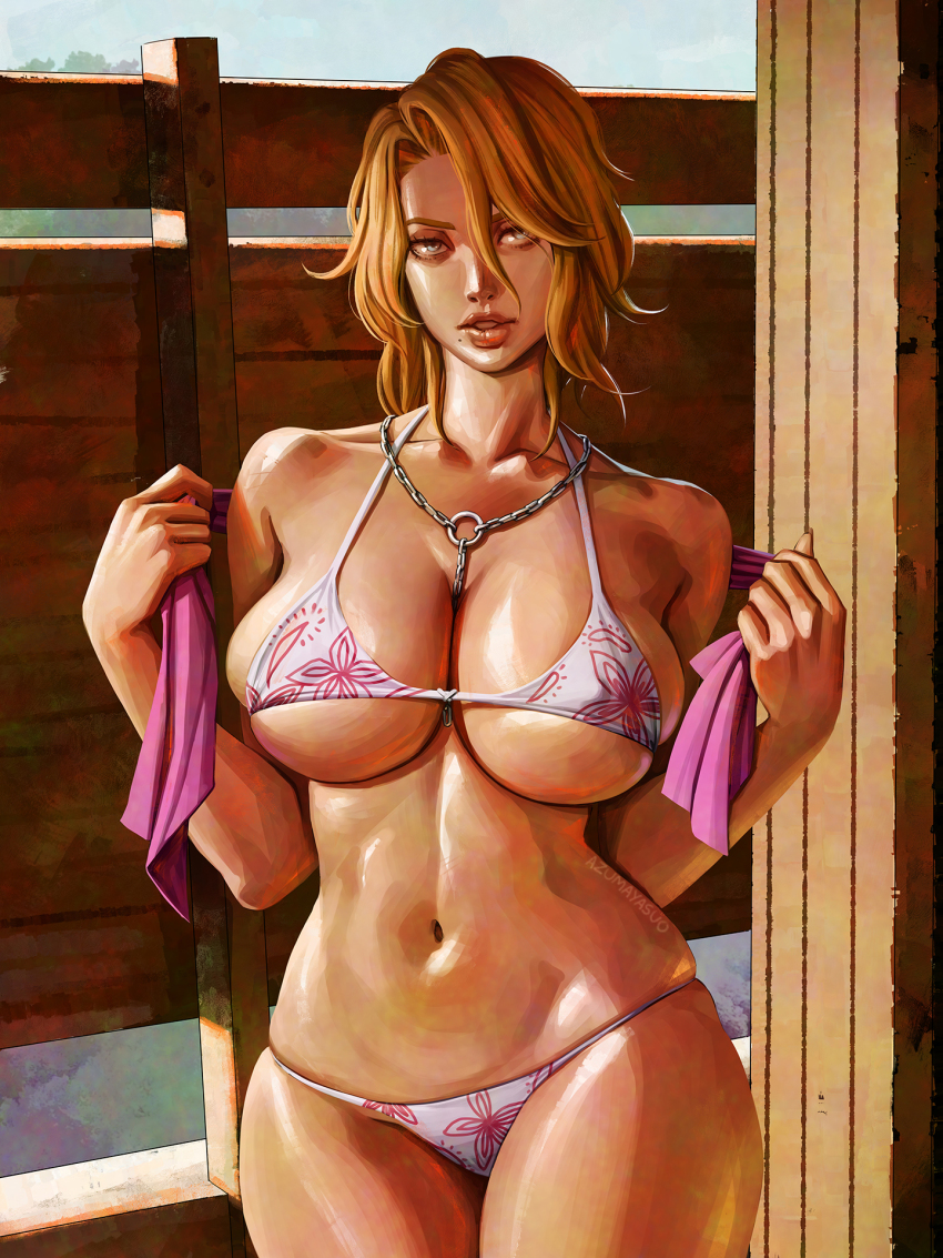 1girl azuma_yasuo bare_shoulders bikini bleach bleach:_sennen_kessen-hen blue_eyes breasts chain chain_necklace cleavage collarbone cowboy_shot curvy highres jewelry large_breasts looking_at_viewer matsumoto_rangiku micro_bikini mole mole_under_mouth navel necklace necklace_between_breasts official_alternate_costume orange_hair parted_lips pink_shawl shawl short_hair solo stomach swimsuit toned toned_female underboob wooden_wall