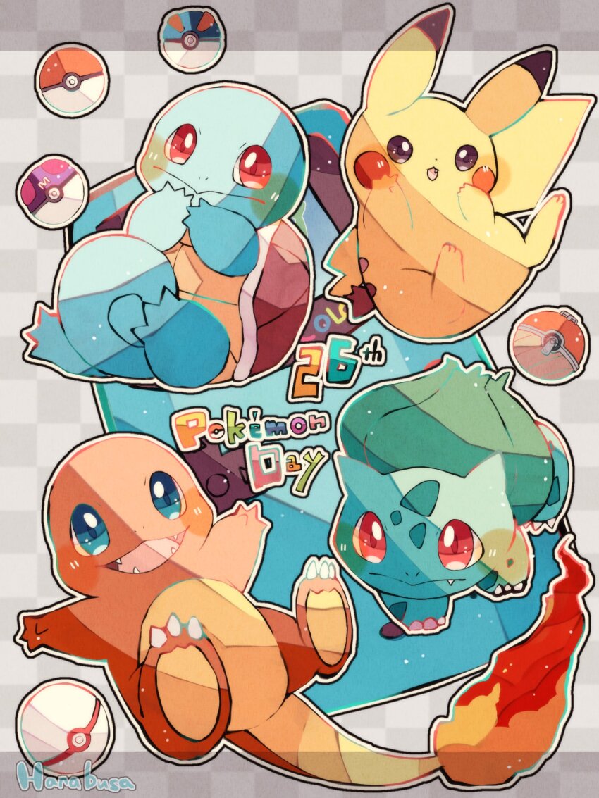 animal_focus blue_eyes blue_skin bulbasaur charmander checkered_background claws colored_skin commentary_request copyright_name fangs fire game_boy gen_1_pokemon great_ball green_skin grey_background hanabusaoekaki handheld_game_console highres hisuian_poke_ball letterboxed master_ball nintendo no_humans open_mouth pikachu poke_ball pokemon pokemon_(creature) premier_ball red_eyes shell solid_oval_eyes squirtle starter_pokemon_trio tail turtle yellow_skin