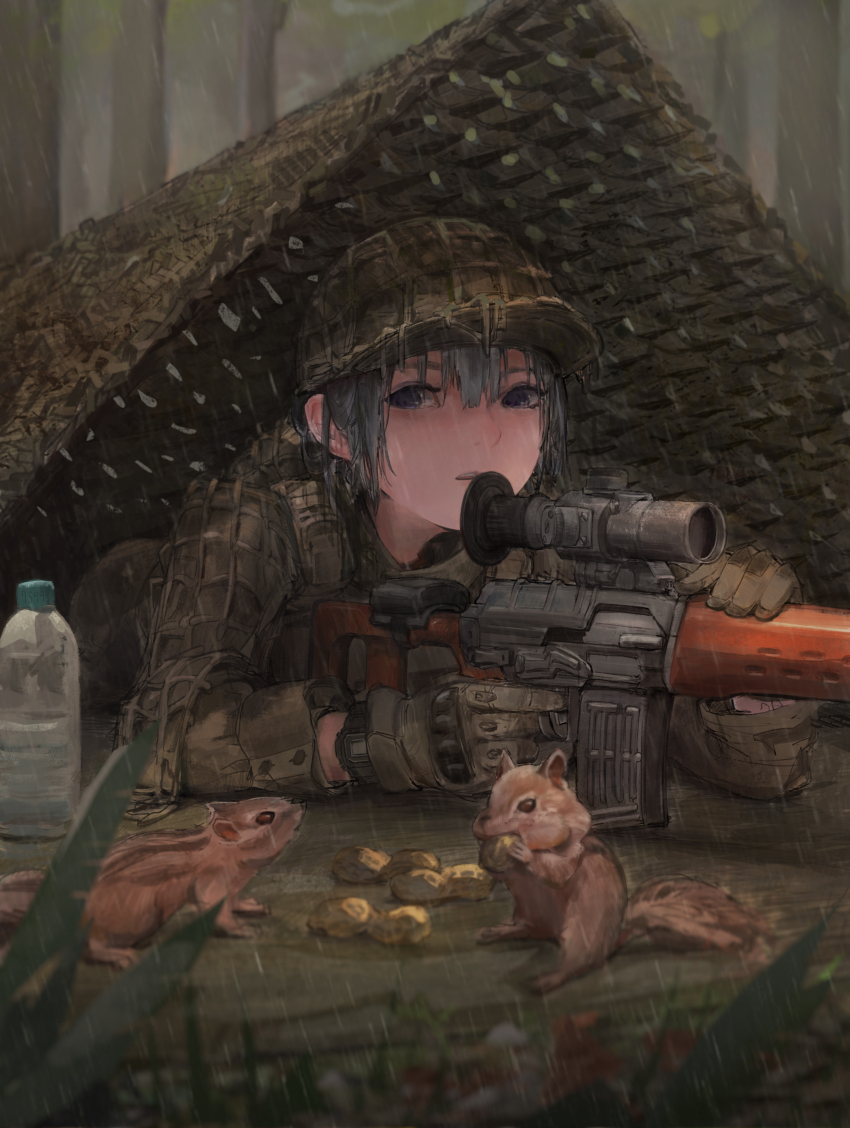 1girl absurdres baseball_cap bottle camouflage_netting dragunov_svd forest gloves grey_hair gun hat highres looking_at_viewer lying military_combat_uniform military_uniform nature nut_(food) on_ground on_stomach original rain rifle ryu7599 scope sniper_rifle solo squirrel teeth upper_teeth_only water_bottle weapon