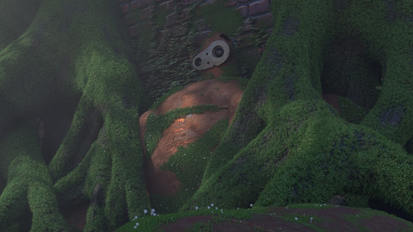 3d brick_wall commentary dark forest highres laputa_robot light_particles namo_(28521356) nature no_humans non-humanoid_robot outdoors overgrown robot ruins scenery shade studio_ghibli tenkuu_no_shiro_laputa tree wall