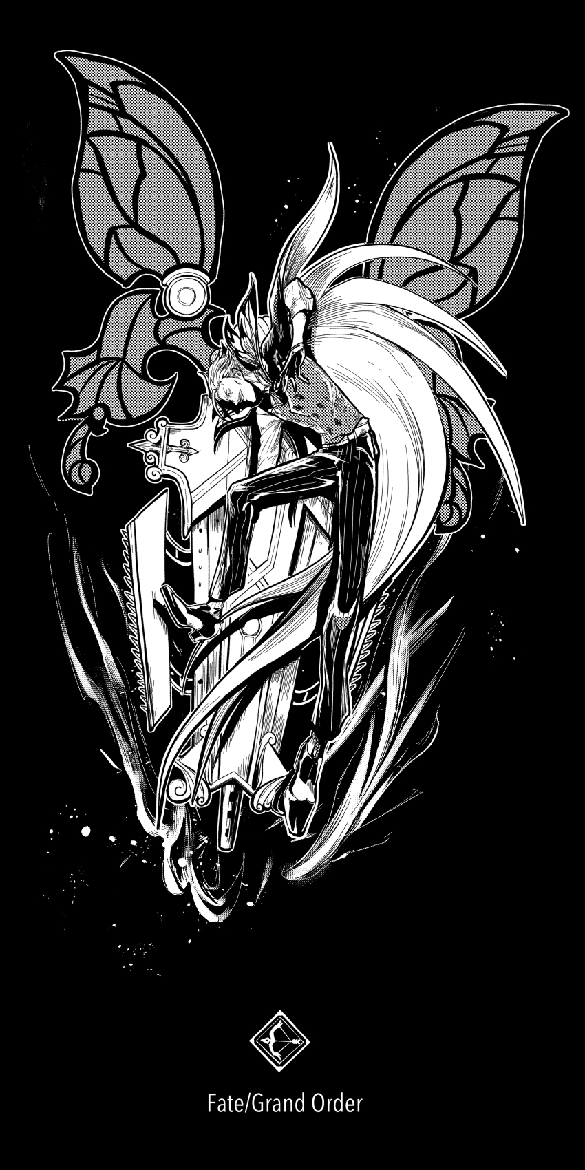 1boy absurdres black_background butterfly_wings copyright_name facial_hair fate/grand_order fate_(series) full_body gloves greyscale highres insect_wings james_moriarty_(archer)_(fate) looking_down male_focus mizuna237 monochrome mustache pants shirt shoes simple_background striped_clothes striped_pants vest wings