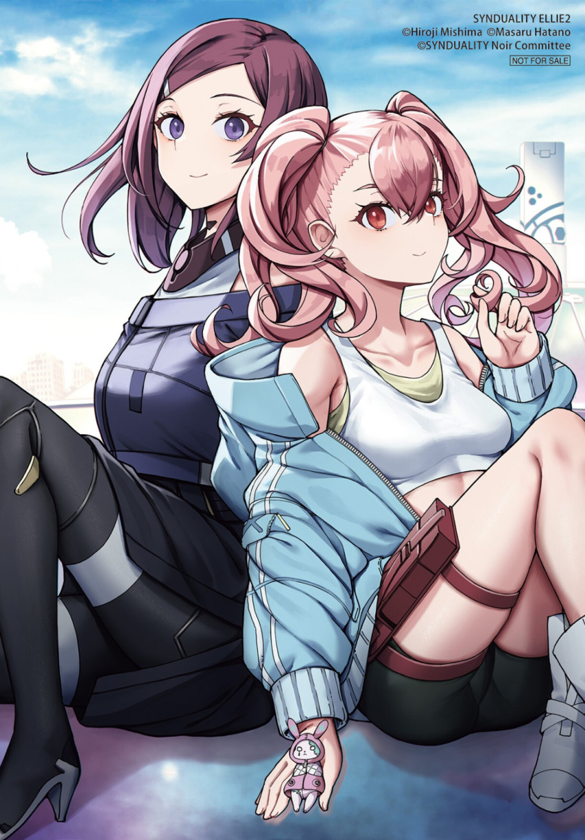 2girls ange_(synduality) back-to-back bare_shoulders bike_shorts blue_sky boots building center-flap_bangs cropped_jacket ellie_(synduality) forehead hair_ornament hairclip high_heel_boots high_heels highres jacket long_hair magus_(synduality) mechanical_collar mishima_hiroji multiple_girls off-shoulder_jacket off_shoulder official_art open_clothes open_jacket pencil_skirt pink_hair playing_with_own_hair pouch purple_eyes purple_hair sitting skirt sky stuffed_animal stuffed_rabbit stuffed_toy synduality synduality_ellie synduality_ellie_(manga) tank_top thigh_pouch twintails