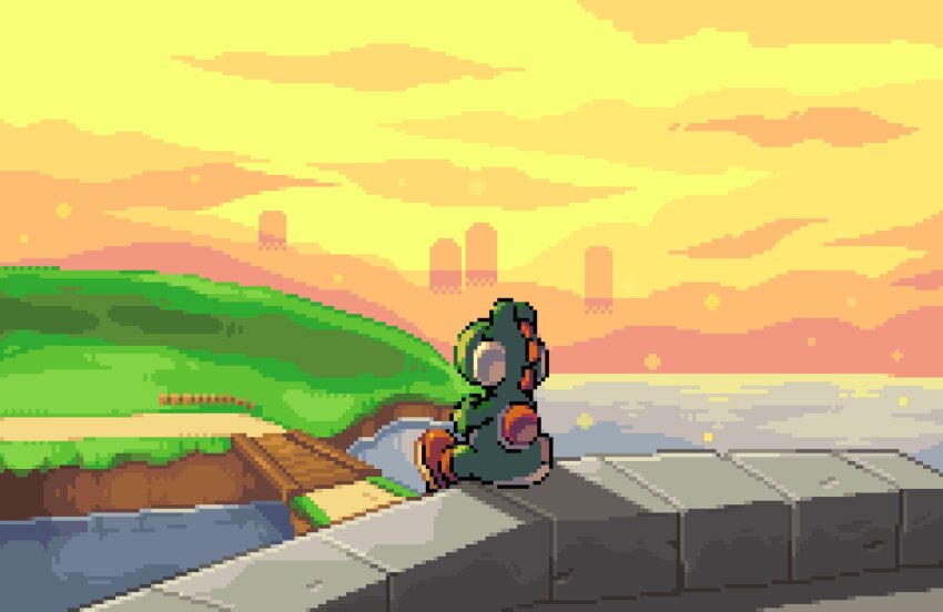 bridge cloud commentary english_commentary facing_away fence from_behind grass highres hill mario_(series) nintendo no_humans outdoors path pixel_art pixel_pit road scenery sitting sitting_on_wall sky solo stone_wall sunset super_mario_64_ds wall water wooden_bridge wooden_fence yellow_sky yoshi