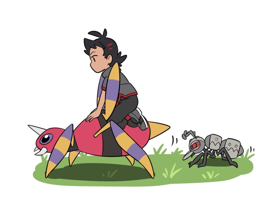 1boy antenna_hair ariados black_eyes black_hair black_pants commentary_request durant from_side gen_2_pokemon gen_5_pokemon goh_(pokemon) grass grey_footwear grey_shirt looking_down male_focus nintendo pants pokemon pokemon_(anime) pokemon_(creature) pokemon_journeys red_socks riding riding_pokemon shirt shoes short_sleeves shuan_0420 socks white_background