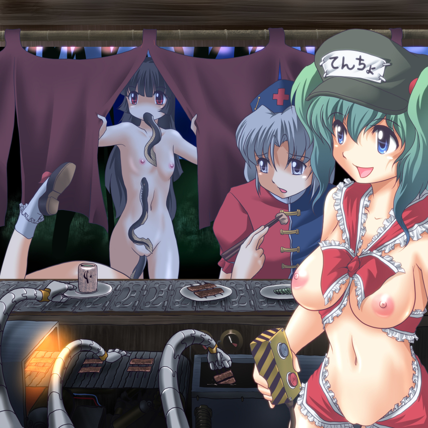 3girls black_hair breasts clothed_female_nude_female controller creature_inside curtain_grab curtains eating eel fish flat_chest food_stand functionally_nude gauge glowing green_hair grill groin hat highres houraisan_kaguya ibuki_suika interspecies kawashiro_nitori lamprey large_breasts long_hair mechanical_arms multiple_girls naked_ribbon navel night nipples noren nude open_mouth oven pussy remote_control ribbon silver_hair single_mechanical_arm small_breasts smile standing text_focus touhou translation_request twintails two_side_up uncensored wancozow yagokoro_eirin yatai