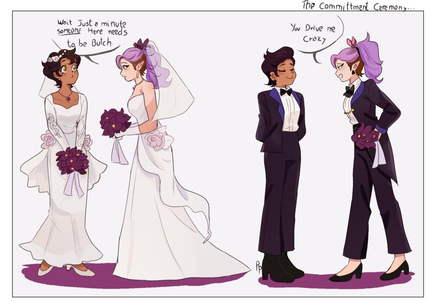 2girls amity_blight black_bow black_bowtie black_jacket black_pants black_shoes black_suit bouquet bow bowtie bridal_veil bride brown_hair commentary dress earrings english_text female_focus flower formal_clothes full_body groom hand_on_own_hip hashtag-only_commentary high_heels highres holding holding_bouquet jacket jewelry long_hair luz_noceda meme multiple_girls necklace pants pointy_ears purple_flower purple_hair realyskp see-through_clothes see-through_veil shirt shoes simple_background smile someone_here_needs_to_be_butch_(meme) speech_bubble suit the_owl_house tuxedo undercut veil wedding_dress white_background white_dress white_shirt wife_and_wife yuri