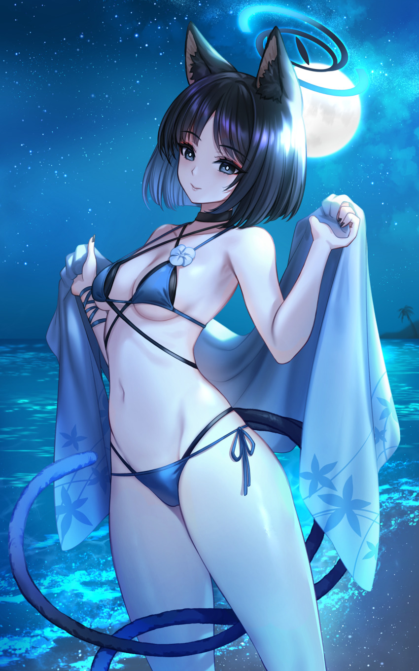 1girl animal_ear_fluff animal_ears bare_shoulders beach bikini black_eyes black_hair black_nails blue_archive blue_bikini blue_halo blue_haori breasts bright_pupils cat_ears cat_girl cat_tail closed_mouth halo haori highres japanese_clothes kikyou_(blue_archive) kikyou_(swimsuit)_(blue_archive) looking_at_viewer medium_breasts multiple_tails navel ocean official_alternate_costume parted_bangs short_hair smile solo stomach swimsuit tail toriseru_(rare_stone) two_tails white_pupils