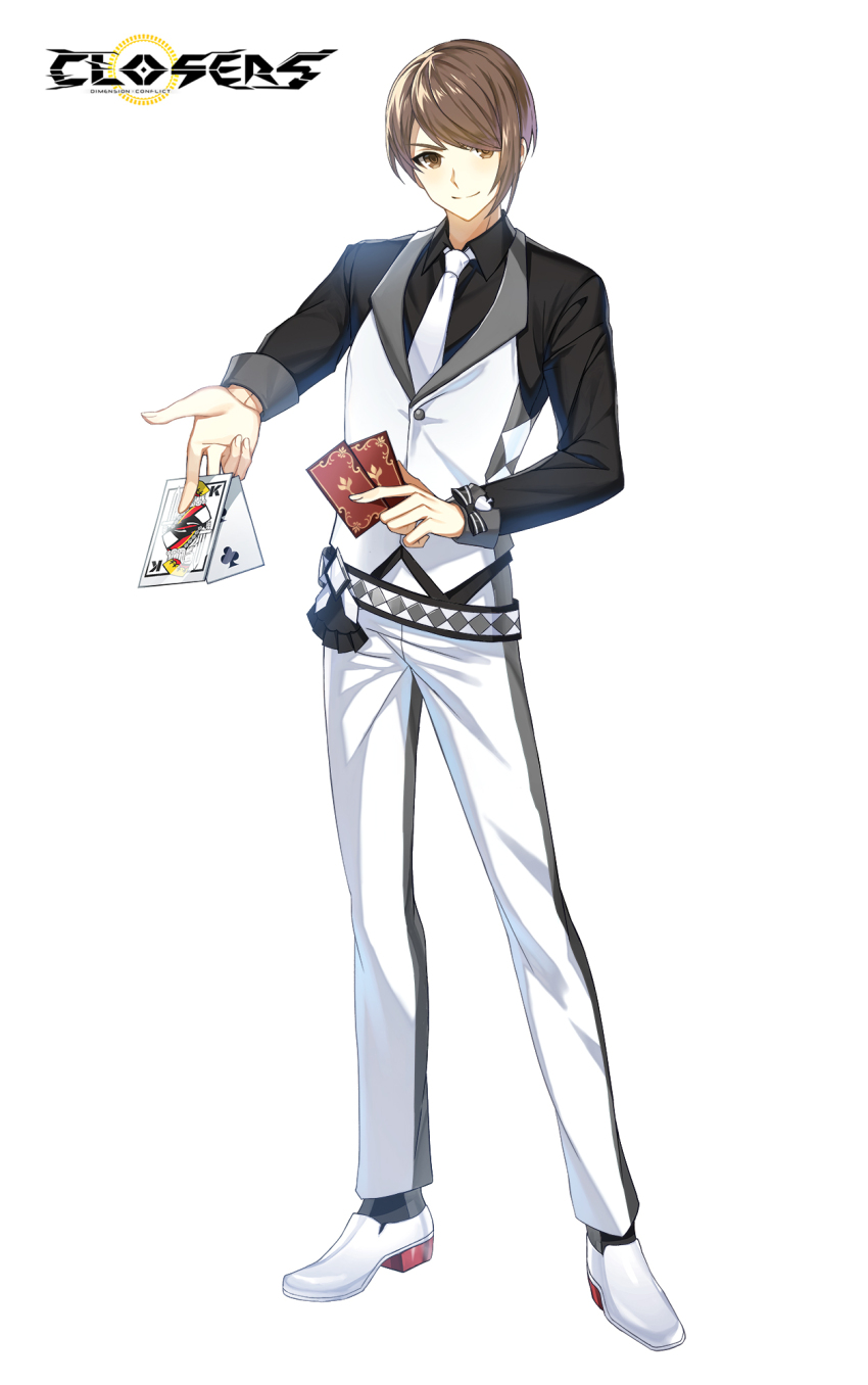 &gt;:) 1boy alternate_hair_color belt between_fingers black_bow black_shirt black_socks bow brown_eyes brown_hair card closers collared_shirt copyright_name croupier dress_pants dress_shirt dress_shoes full_body hair_over_one_eye highres holding holding_card king_(playing_card) legs_apart logo long_sleeves looking_at_viewer male_focus necktie official_art outstretched_arm outstretched_hand pants playing_card reaching reaching_towards_viewer seha_lee shirt short_hair socks solo standing swept_bangs tachi-e two_of_clubs v-shaped_eyebrows vest waistcoat white_background white_belt white_footwear white_necktie white_pants white_vest wrist_bow
