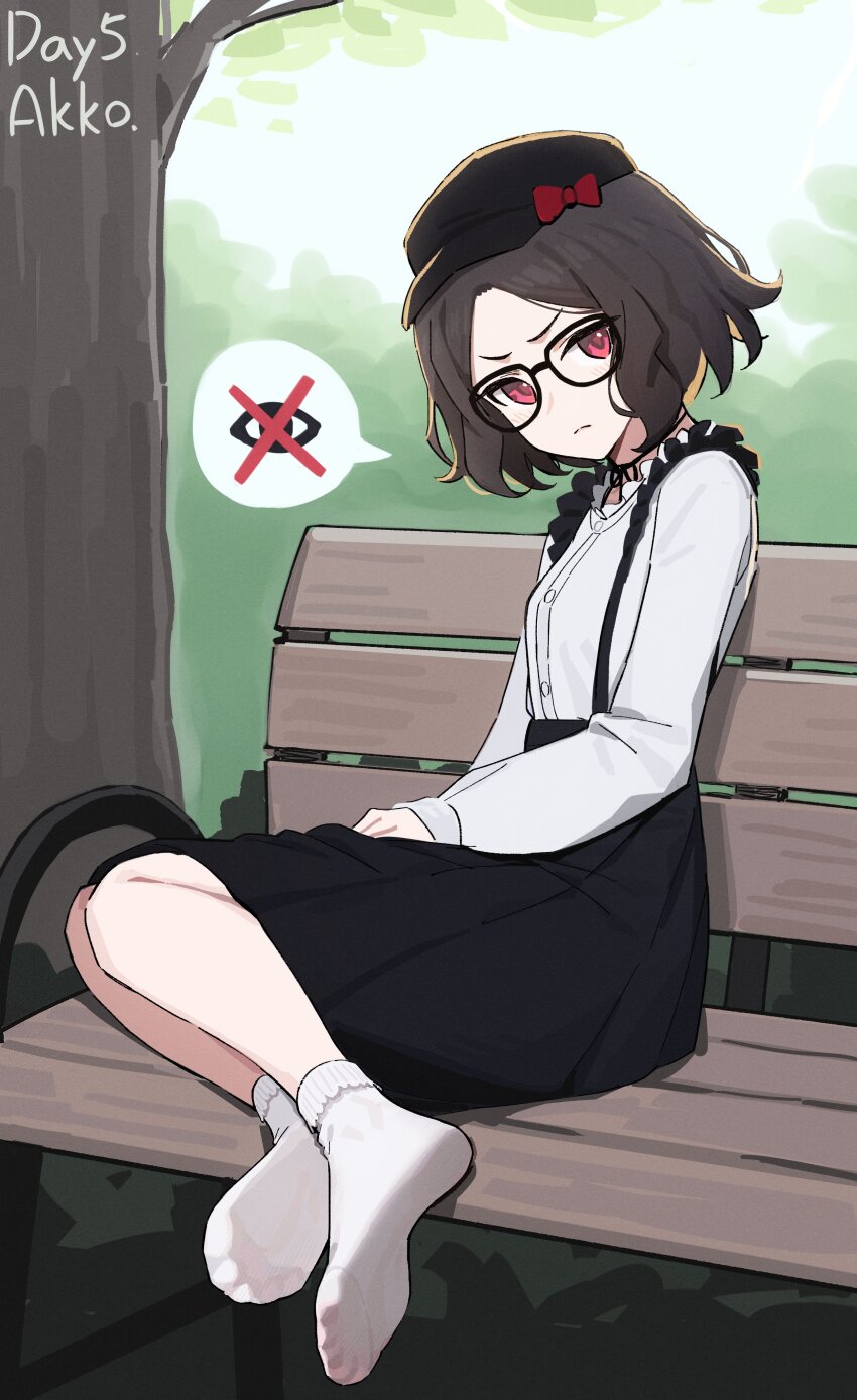 1girl absurdres artist_name bench black_hat black_skirt blush bow brown_hair closed_mouth commentary ebizuka_tomo english_commentary feet full_body girls_band_cry glasses hat hat_bow high-waist_skirt highres lan_mao_akko long_sleeves looking_at_viewer medium_hair no_shoes on_bench outdoors parted_bangs red_bow red_eyes shirt sitting sketch_background skirt socks soles solo suspender_skirt suspenders toes v-shaped_eyebrows white_shirt white_socks yokozuwari