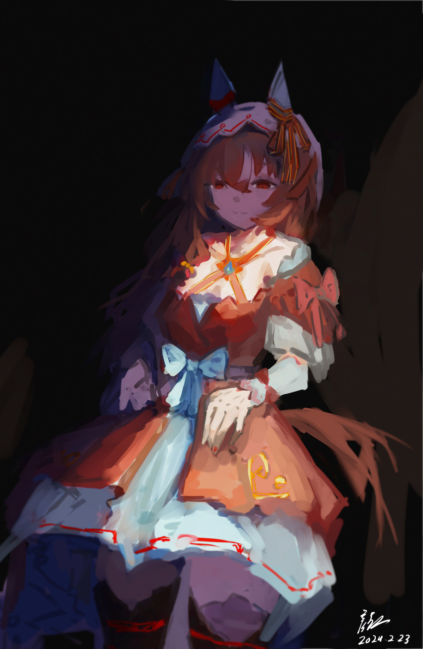 1girl absurdres animal_ears bow closed_mouth dated dress ear_ribbon hair_between_eyes highres horse_ears horse_girl horse_tail light_smile long_dress multicolored_hair red_dress red_eyes red_ribbon ribbon short_sleeves signature solo still_in_love_(umamusume) streaked_hair sweater_vest tail umamusume veil white_bow white_hair white_veil wista wrist_cuffs