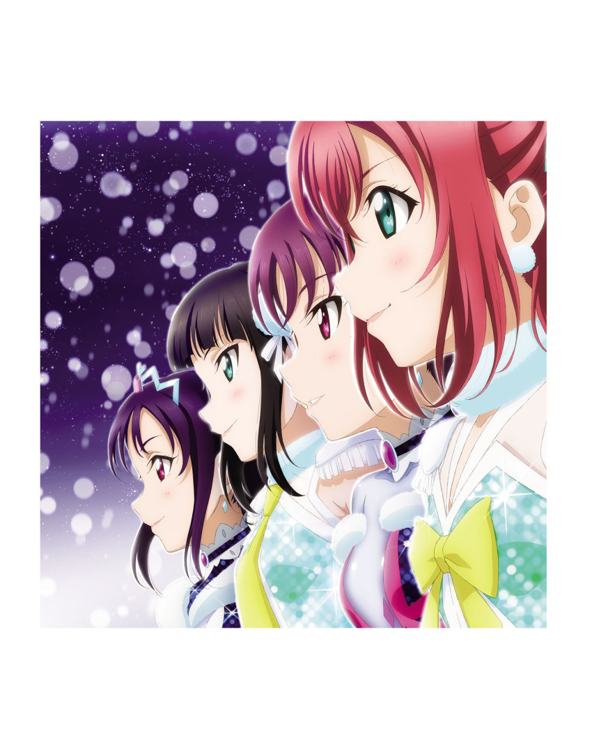4girls aqua_eyes artbook awaken_the_power black_hair bow bowtie choker earrings hair_ribbon highres jewelry kazuno_leah kazuno_sarah kurosawa_dia kurosawa_ruby long_hair love_live! love_live!_sunshine!! mole mole_under_mouth multiple_girls necktie non-web_source official_alternate_costume official_art parted_lips profile purple_hair red_eyes red_hair ribbon siblings sisters smile tiara twintails upper_body yellow_bow yellow_bowtie yellow_necktie