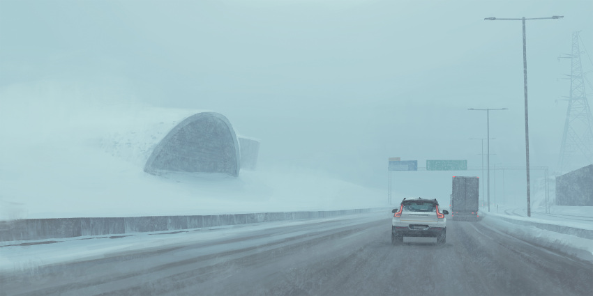 absurdres box_truck building car day from_behind highres highway lamppost motor_vehicle no_humans outdoors road road_sign sign simon_stalenhag snow sports_utility_vehicle swedish_machines traffic transmission_tower truck winter