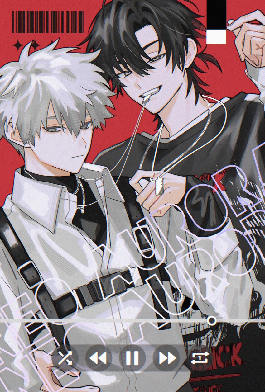 2boys barcode black_hair black_shirt cheng_xiaoshi closed_mouth collared_shirt english_text grey_eyes grin hair_between_eyes harness highres holding holding_jewelry holding_necklace jewelry long_sleeves looking_at_viewer lu_guang male_focus mouth_hold multiple_boys necklace official_alternate_costume red_background ring shiguang_dailiren shirt short_hair simple_background smile teeth upper_body white_hair white_shirt yaoi zariganihouse