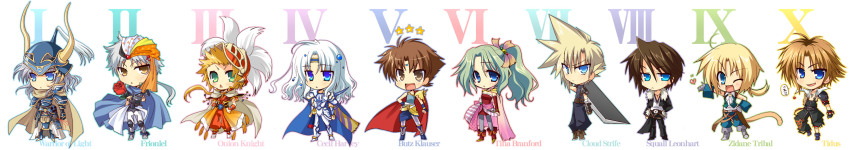 1girl 6+boys :o ahoge arm_up armor armored_boots ascot asymmetrical_sleeves baggy_pants bandaged_arm bandages bandana bartz_klauser beads belt belt_buckle black_belt black_footwear black_gloves black_jacket black_overalls black_pants black_shirt black_socks blonde_hair blue_cape blue_eyes blue_footwear blue_gemstone blue_headband blue_helmet blue_pants blue_sweater blue_tank_top boots bracer breastplate bridal_gauntlets brown_belt brown_eyes brown_footwear brown_gloves brown_hair buckle buster_sword cape cecil_harvey character_name chibi clenched_hand clenched_hands cloud_strife commentary_request couter cropped_jacket cross cuirass cuisses detached_sleeves determined dissidia_final_fantasy dress earrings everyone expressionless fake_horns faulds final_fantasy final_fantasy_i final_fantasy_ii final_fantasy_iii final_fantasy_iv final_fantasy_v final_fantasy_vi final_fantasy_vii final_fantasy_viii final_fantasy_x firion flower forehead_jewel full_armor full_body fur-trimmed_jacket fur_trim gem glaring gloves gradient_cape gradient_ribbon greaves green_eyes green_hair grey_cape grey_footwear grey_gloves grey_hair grey_leggings hair_beads hair_between_eyes hair_ornament hair_ribbon hand_on_own_hip hand_up hands_on_own_hips happy headband heart helm helmet high_collar highres holding holding_flower holding_sword holding_weapon horned_helmet horns izumi_makoto jacket jewelry latin_cross leggings light_frown lineup long_hair long_image long_sleeves looking_at_viewer looking_to_the_side low_ponytail monkey_tail multicolored_hair multiple_belts multiple_boys necklace no_gloves one_eye_closed onion_knight open_clothes open_jacket open_mouth outline overalls pants parted_lips pauldrons pendant pink_sash plume poleyn polka_dot polka_dot_legwear ponytail puffy_pants red_armor red_cape red_dress red_flower red_footwear red_gemstone red_helmet red_rose ribbon roman_numeral roots_(hair) rose sash scabbard scar scar_on_face sheath shirt short_dress short_hair shoulder_armor shoulder_strap sidelocks single_pauldron sleeveless sleeveless_dress sleeveless_shirt sleeveless_sweater sleeveless_turtleneck smile socks spiked_armor spiked_hair spiked_pauldrons spoken_heart squall_leonhart standing star_(symbol) stud_earrings suspenders sweater sword sword_on_back tail tank_top tassel tidus tina_branford torn_clothes torn_pants translation_request turtleneck turtleneck_sweater v-neck vambraces vertical-striped_leggings waist_cape warrior_of_light_(ff1) wavy_hair weapon weapon_on_back white_ascot white_background white_cape white_footwear white_fur white_hair white_shirt wide_image wing_collar wrist_cuffs yellow_cape zidane_tribal