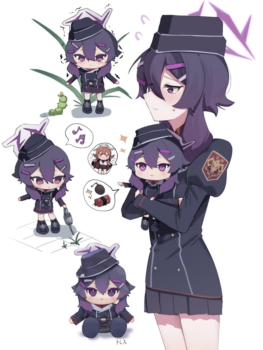 1girl aru_(blue_archive) black_hat black_jacket black_skirt blue_archive character_doll closed_mouth doll garrison_cap hair_between_eyes hair_ornament hairclip halo haruka_(blue_archive) hat highres holding holding_doll holding_watering_can jacket juliet_sleeves long_hair long_sleeves looking_at_viewer multiple_views musical_note picopico_hanma puffy_sleeves purple_eyes purple_hair purple_halo simple_background skirt spoken_musical_note standing tearing_up watering watering_can white_background
