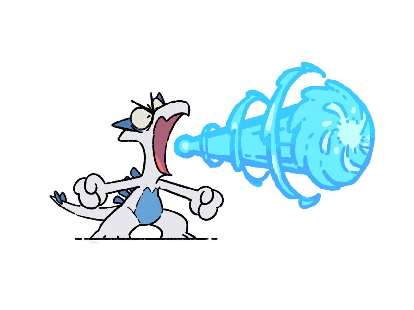 animal_focus black_eyes creatures_(company) fangs full_body game_freak gen_2_pokemon highres laser legendary_pokemon lugia nintendo no_humans open_mouth plainwhite pokemon pokemon_(creature) simple_background solo tail water white_background wings